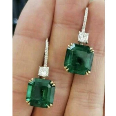 4Ct Asscher Labor Erstellt Smaragd Diamant Dropdangle Ohrringe 14K Vergoldet - Bild 1 von 4