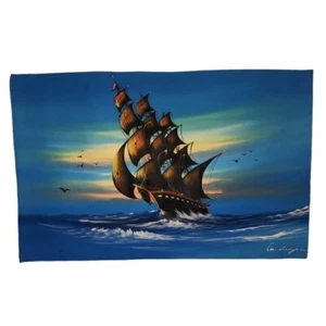 MCM Ships Seagulls Storm Nautical Vibrant Blue Unstretched Oil Canvas Signed Art - Picture 1 of 5