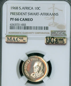 1968 SOUTH AFRICA AFRICAANS 10 CENTS NGC PF66 CAMEO MAC UCAM & SPOTLES . - Picture 1 of 2
