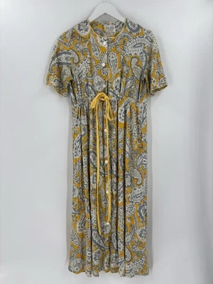 Dela Ann Vintage Dress Womens Medium Yellow White Paisley 60s 70s Maxi Buttons - Imagem 1 de 4
