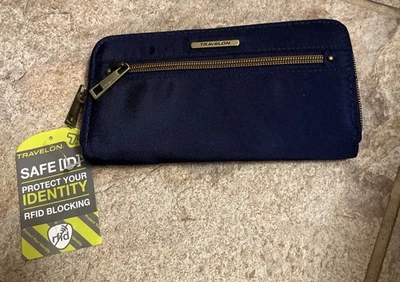 Carteira de viagem Travelon azul marinho náilon com zíper bloqueio RFID nova com etiquetas - Imagem 1 de 4