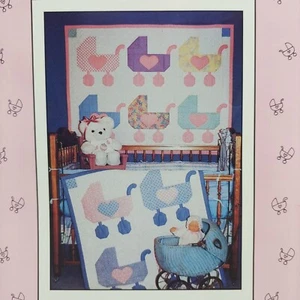 Baby Carriage Block Crib Quilt Pattern 59x45, Wall Hanging 41x45 Hearts Stroller - Picture 1 of 4