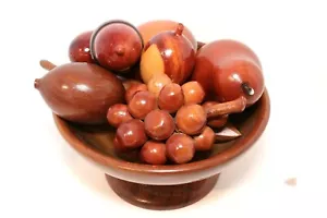 Vintage Hand Carved Wooden Mixed Fruit And Nuts With Pedestal Bowl Mid Century - Picture 1 of 10