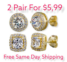 2Pair  Gold Plated Stud Earrings With Cubic Zirconia For Men, Women, Unisex