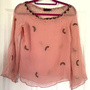 Vintage Reiss 100% Silk Tunic Top Beaded & Mini Dequins Coral Pink Small (8-10) - Picture 1 of 10