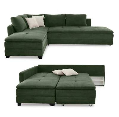 Ecksofa-Dauerschläfer Doppelbett Federkern Bettkasten Regal Couch in Cord Grün - Bild 1 von 4