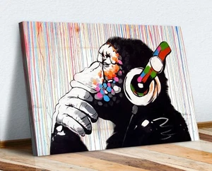 BANKSY  DJ MONKEY COLOURED RAIN CANVAS WALL ART PRINT PICTURE ARTWORK GORILLA - Picture 1 of 9