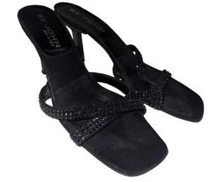 Sandalias St. John con tiras de tacón de satén negro adornadas con diamantes de imitación talla 8 AA LEER - Imagen 1 de 12
