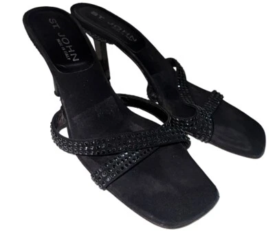 St. John Rhinestone Embellished Black Satin Heels Strappy Sandals Sz 8 AA READ - Image 1 of 4