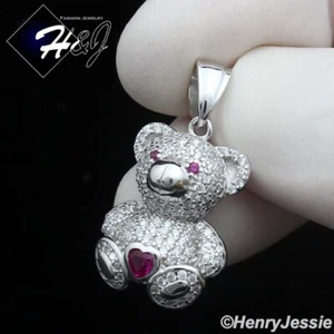 WOMEN SOLID 925 STERLING SILVER ICY BLING HEART PINK CZ 3D BABY BEAR PENDANT*447 - Picture 1 of 4