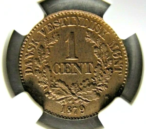 Danish West Indies KM68 1 Cent 1879 NGC MS 62 BN. Extremely rare grade ! - Picture 1 of 3