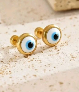 Pendientes De Botón Hipoalergénicos Ojo Turco Acero Inoxidable Chapado Oro 18k - Imagen 1 de 5
