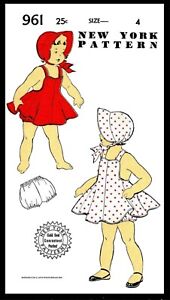 New York PATTERN # 961 GIRLS Dress Frock Sundress Bonnet & Panties Fabric Sewing