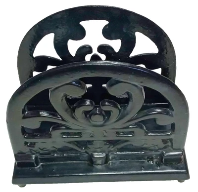 Soporte estilo Art Deco francés con letras/servilleta brillante esmalte negro vintage de hierro fundido Foto 1 de 4