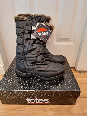 TOTES Puffer BEATRIX Tall Winter Boots Women Black 9W Wide Zipper Rabbit Fur New - Image 1 of 4
