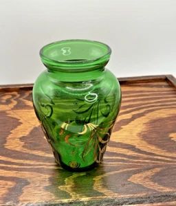 1957 Vintage Anchor Hocking Green Mini Glass Vase Gold Trim 3" - Picture 1 of 4