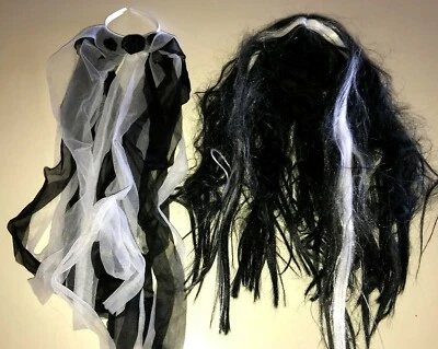 womens BLACK WHITE HALLOWEEN COSTUME DRESS WIG BRIDE TRAIN headband ROSES M/L - Image 1 of 2