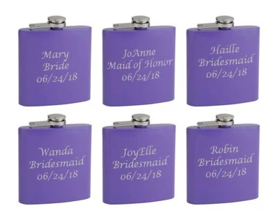 Paquete de 6 frascos de cadera personalizados para fiesta nupcial de 6 oz, púrpura Foto 1 de 4