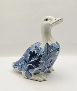Vintage White Ceramic Duck with Blue Leaves Pattern - Picture 1 of 6