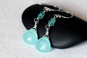 Natural Blue Chalcedony Crystal Earrings Silver Plated Teardrop - Picture 1 of 4