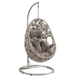 Patio Hanging Chair with Stand, Light Gray Fabric & Wicker