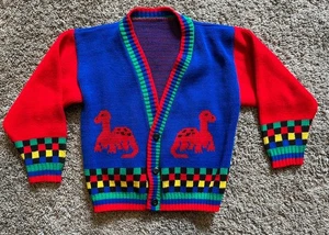 Boys size 5 color block 90s dinosaur V-neck button sweater - Picture 1 of 3