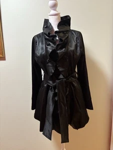Rossi Roma Black Satin Jacket Coat Ruffled Sz M - Picture 1 of 8