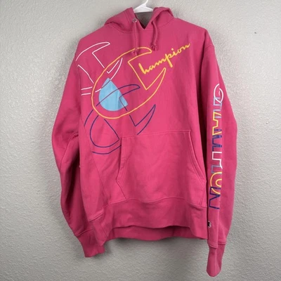 Champion Reverse Weave Hoodie Mens Large Pink Multicolor Script Logo Pullover - Image 1 of 4