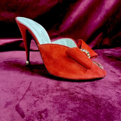 Sandalia de Tacón Alto Charles Jourdan Tacón Champagne Rojo Gamuza Años 70 Mules Foto 1 de 4