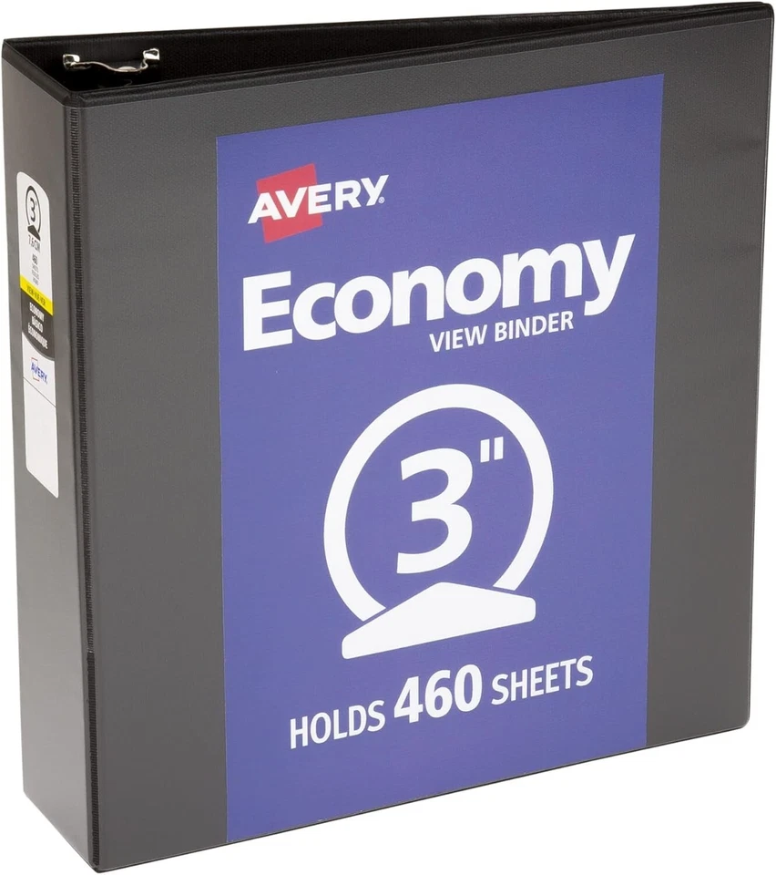 Avery Economy View 3 Ring Binders, 3" Round Rings, 12 Black Binders (05740) - Image 1 of 1