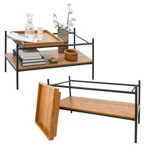 Mesa de centro vintage con bandeja de madera 90x44 mesa de salón mesa de metal - Imagen 1 de 8