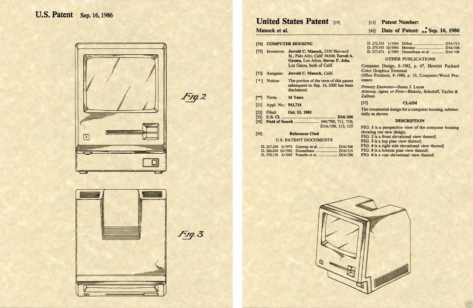 Impresión artística de PATENTE DE EE. UU. APPLE MACINTOSH LISTA PARA ENMARCAR Steve Jobs TWIGGY Computadora Foto 1 de 1