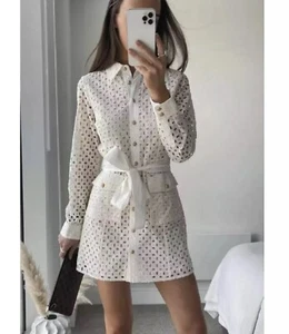 ZARA NEW WOMAN OPENWORK EMBROIDERED SHIRT DRESS WITH BELT WHITE SIZE M - Picture 1 of 10