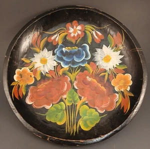 Small Hand Painted Floral Vtg Folk Art Mexican Batea Tole Wood Plate READ - Picture 1 of 17
