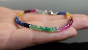 Natural Sapphire,Ruby Faceted Gemstone Birthstone Bead Bracelet 925 Silver Clasp - Picture 1 of 3