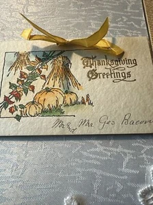 Vtg Thanksgiving Day Card 20s Pumpkin Corn stalks Ribbon Turkey Art Deco - Picture 1 of 4