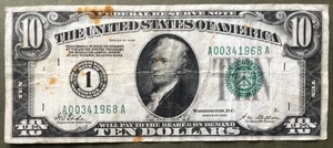 SCARCE 1928 $10 FRN ~ BOSTON ~ GOLD Numeric 1 SEAL ~ Spots ~ Ser# A 0034  1968 A - Picture 1 of 3