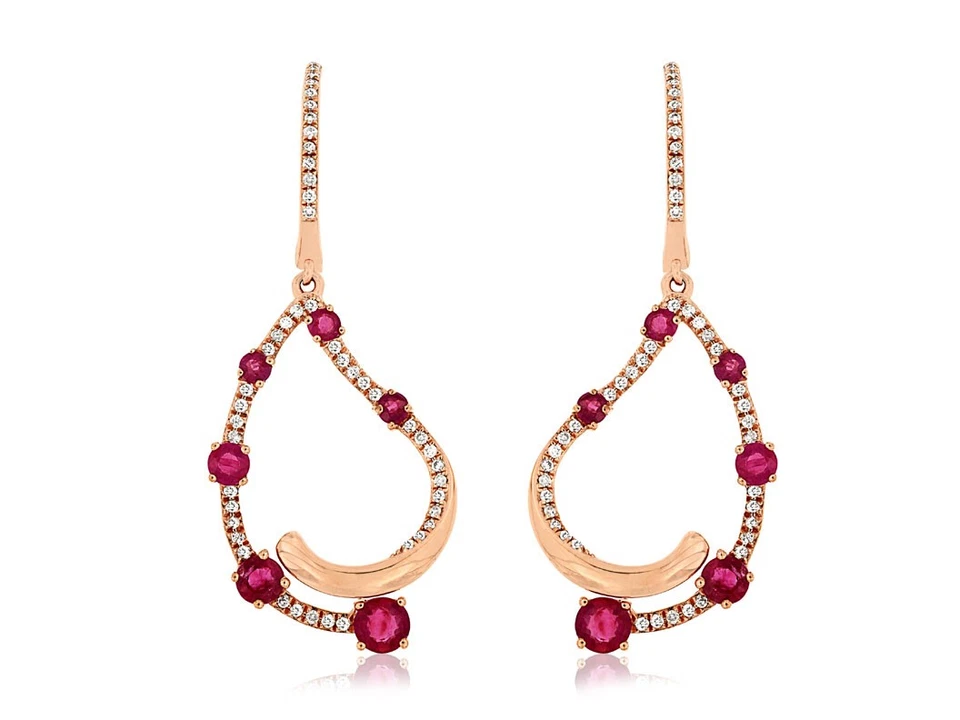 14k Rose Gold Drop Earrings with Red Rubies & White Diamonds, 1.44ct Total Weigh Foto 1 de 1