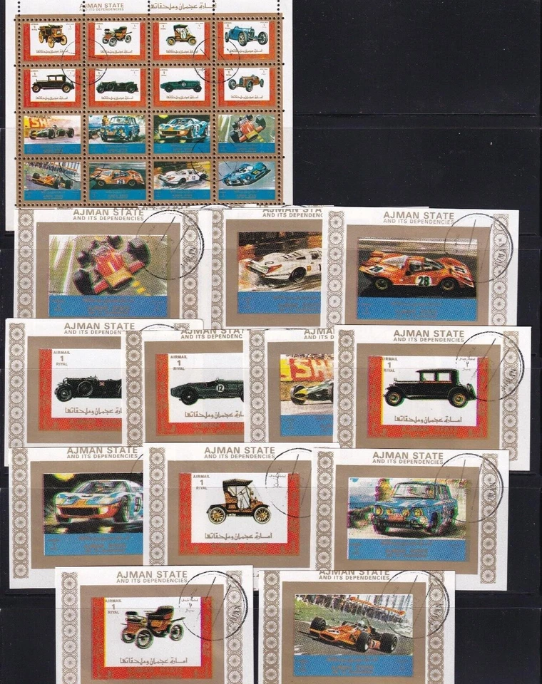 SA02 Emiratos Árabes Unidos Ajman 1973 Bloque de coches antiguos y modernos + sellos imperiosos Foto 1 de 1