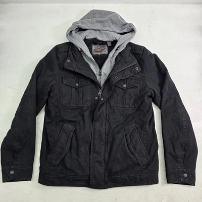 Levi’s Black Jean 2 Zip Jacket Mens Sz S Black Sherpa Lined Denim Trucker Hood - Image 1 of 4