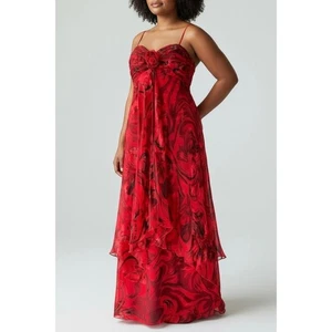 Vintage Y2K JS Collections Rosette Maxi Dress US 12 Red Babydoll Formal Gown - Picture 1 of 13