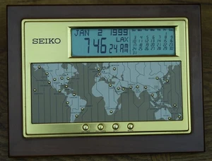Seiko World Time Desk Clock 12/24 hr Calendar Dual Alarm QHL020B Works Vintage - Picture 1 of 13
