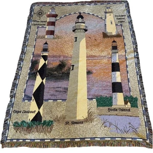 Lighthouse Woven Tapestry Throw Blanket Fringe Nautical Hilton Head Bodie Island - Picture 1 of 9