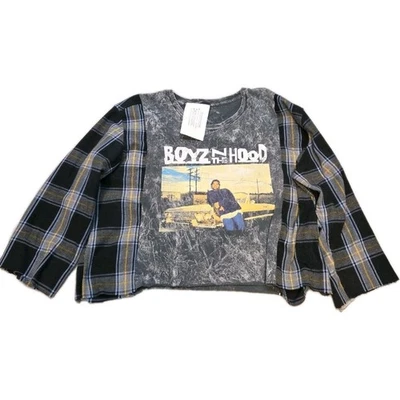 Upcycled фланель\футболка женщин XL черный Boyz N капюшон хиппи богемное ручной работы - Изображение 1 из 3