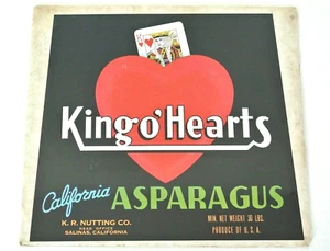 King O' Hearts Vintage Spargelkiste Etikett ORIGINAL Ende 1940er KOSTENLOSER VERSAND - Bild 1 von 2