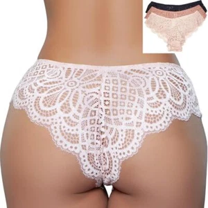 Sheer Lace Brief Cut Panty Lined Crotch Floral 3 Pack Black Rose Peach 2197 - Picture 1 of 12
