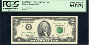 1995 $2 Federal Reserve "STAR - VERY LOW" Serial #. PCGS 64PPQ - Picture 1 of 2
