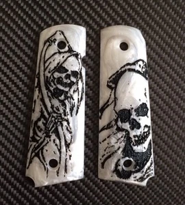 1911 Grips Black Skull art on White Resin Grip For COLT KIMBER 1911 Full size - Picture 1 of 3