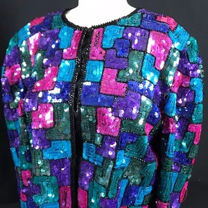 LAURENCE KAZAR Abendblazer Seide Pailletten Large Vintage Damen Lila Blau - Bild 1 von 6