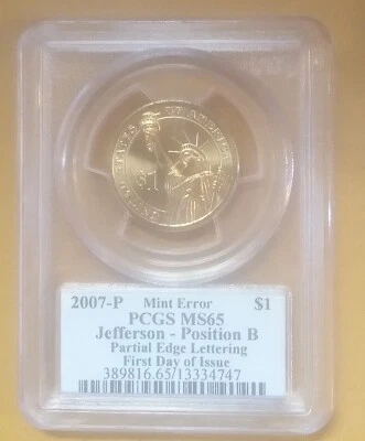 2007-P JEFFERSON PARTIAL EDGE LETTERING POSITION B-FIRST DAY OF ISSUE-POP-141 - Image 1 of 2